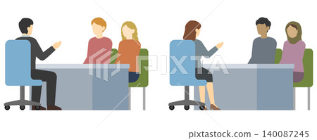 Flat illustration: A man and woman in suits explaining something across a table, and a foreign couple. 140087245