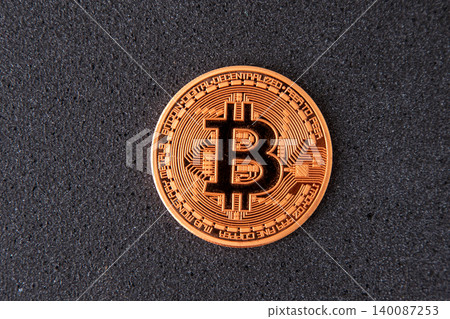 Bitcoin Golden Coin Cryptocurrency Finance Concept Physical Shiny Bitcoins On Black Texture Background 140087253