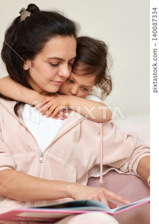 Mother and daughter embracing while reading a book. Childhood education, family bonding, and loving parenting moments at home 140087334