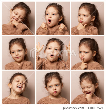 little child girl showing a range of feelings from happiness to annoyance in a facial expression set on beige background 140087521