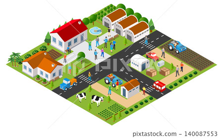 Farmers cultivating land and raising livestock in rural community isometric view Farmers cultivating land and raising livestock in rural community isometric view 140087553