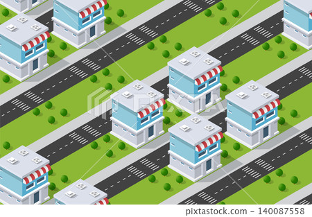 Isometric city seamless showing roads and shops Isometric city seamless showing roads and shops 140087558
