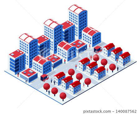 Modern isometric city with people walking and driving on streets Modern isometric city with people walking and driving on streets 140087562