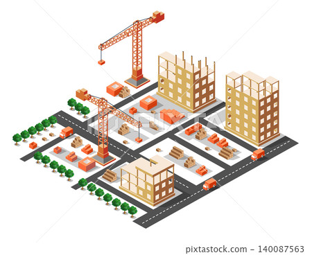 Construction site with cranes building new skyscrapers in isometric view Construction site with cranes building new skyscrapers in isometric view 140087563