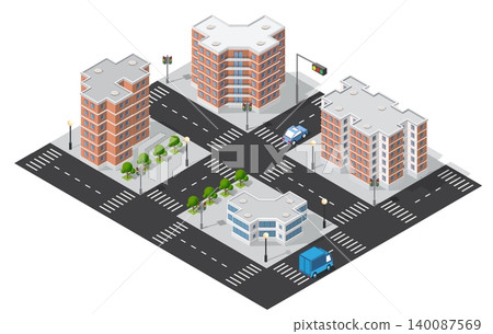 Urban intersection with modern buildings and vehicles 140087569