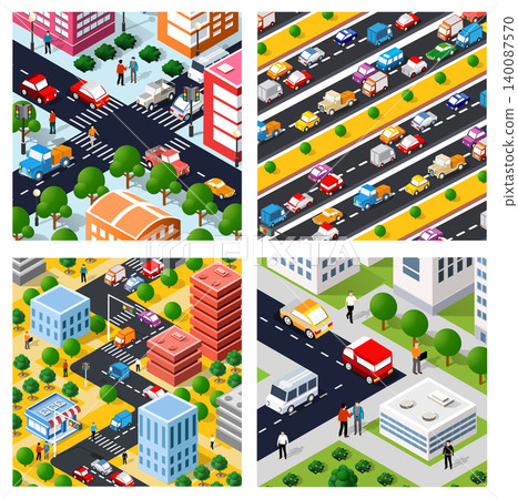 Urban traffic flowing through isometric cityscape with cars and buildings Urban traffic flowing through isometric cityscape with cars and buildings 140087570