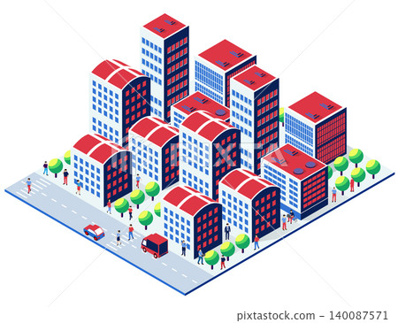 Modern isometric city center with people walking and driving Modern isometric city center with people walking and driving 140087571
