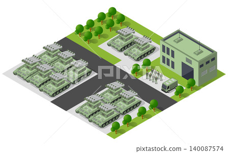 Military base with tanks, missile launchers, and buildings managing Military base with tanks, missile launchers, and buildings managing 140087574