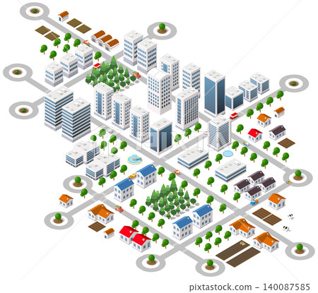 Growing urban landscape expanding into countryside with houses and skyscrapers 140087585