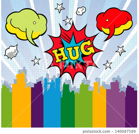 Hug explosion in comic style over city skyline Hug explosion in comic style over city skyline 140087589