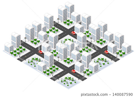 Modern isometric city center with skyscrapers and trees covered by snow Modern isometric city center with skyscrapers and trees covered by snow 140087590