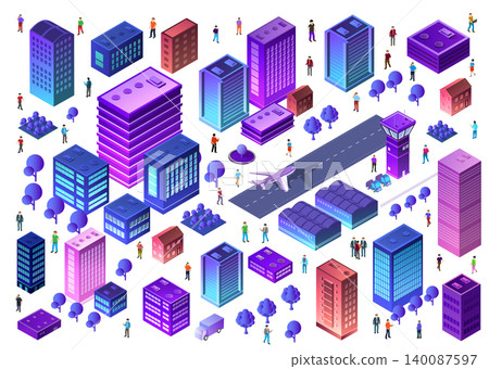 Smart city infrastructure with airport and citizens moving around in isometric view Smart city infrastructure with airport and citizens moving around in isometric view 140087597