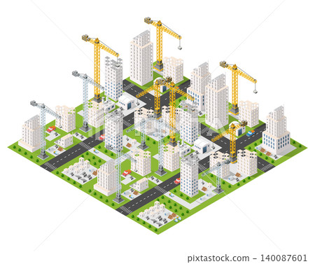 Construction cranes building modern skyscrapers in growing city center isometric view Construction cranes building modern skyscrapers in growing city center isometric view 140087601