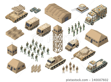 Military base with soldiers, vehicles and buildings isometric set Military base with soldiers, vehicles and buildings isometric set 140087602