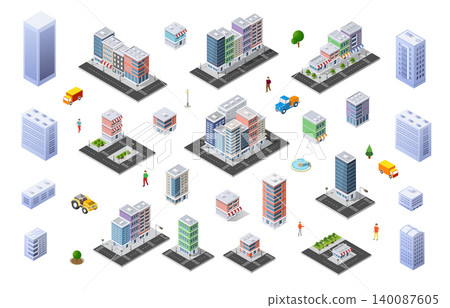 Isometric city buildings, skyscrapers, shops, trees and vehicles composing a cityscape Isometric city buildings, skyscrapers, shops, trees and vehicles composing a cityscape 140087605