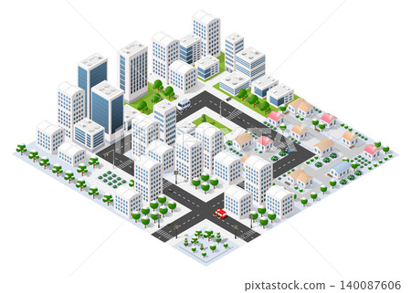 Modern isometric city with skyscrapers and houses covered in snow during winter Modern isometric city with skyscrapers and houses covered in snow during winter 140087606