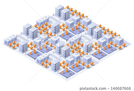 Modern isometric city with orange trees and buildings during autumn 140087608