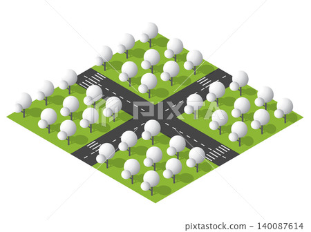 Isometric Road Intersection With Tree-Lined Green Park Blocks, Crosswalks 140087614