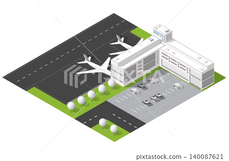 Isometric Airport Terminal With Airplanes on Runway, Parking Lot 140087621