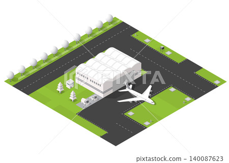 Isometric Airport Scene With Airplane, Hangar and Runway on Green Tarmac Isometric Airport Scene With Airplane, Hangar and Runway on Green Tarmac 140087623