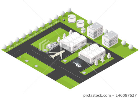 Isometric Airport Scene With Hangars, Airplane, Helicopter, Runways, Fuel Tanks Isometric Airport Scene With Hangars, Airplane, Helicopter, Runways, Fuel Tanks 140087627