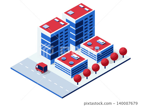 Delivery van moving on road near buildings in smart city isometric illustration Delivery van moving on road near buildings in smart city isometric illustration 140087679