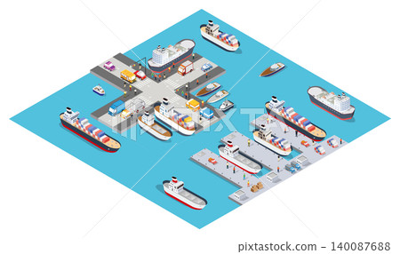 Cargo ships docking and loading at a busy port with cranes and trucks Cargo ships docking and loading at a busy port with cranes and trucks 140087688