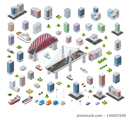 Urban landscape elements creating a modern cityscape with bridges and buildings 140087690