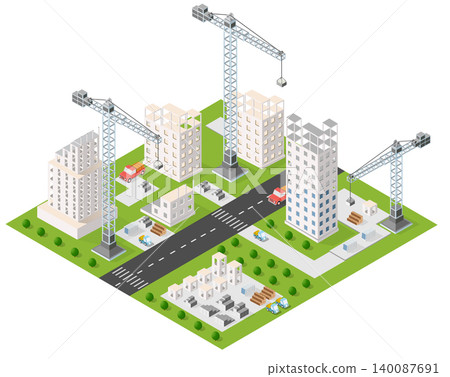 Construction cranes building modern skyscrapers in growing city center isometric view 140087691