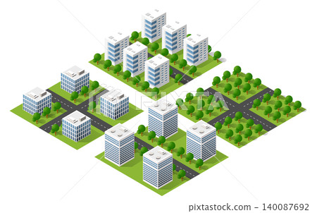 Modern city buildings and green parks growing in isometric view Modern city buildings and green parks growing in isometric view 140087692