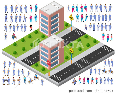 Isometric city street with office buildings and diverse crowd of people Isometric city street with office buildings and diverse crowd of people 140087693