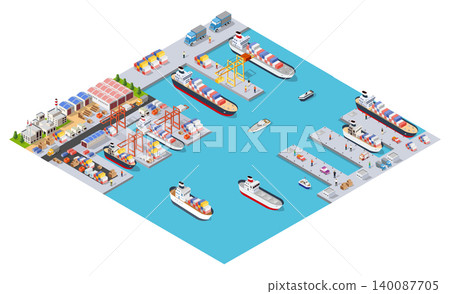 Cargo ships docking and loading at a busy port with cranes and trucks Cargo ships docking and loading at a busy port with cranes and trucks 140087705