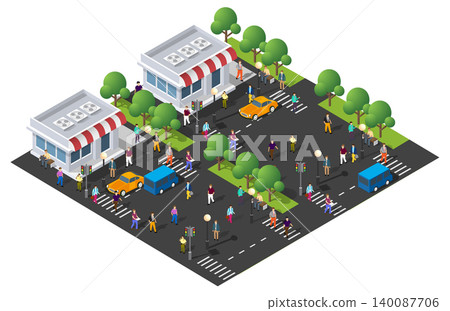 People walking and driving in isometric city center with stores and traffic lights 140087706