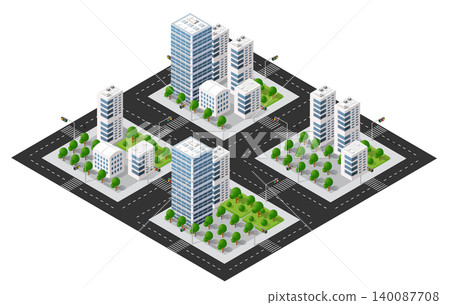 Modern isometric city with skyscrapers, roads, and green parks 140087708