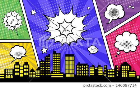 Comic book style cityscape with colorful panels and speech bubbles exploding Comic book style cityscape with colorful panels and speech bubbles exploding 140087714