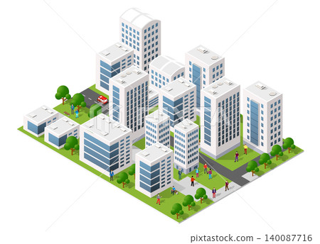 Modern isometric city center with people walking and relaxing in a park 140087716