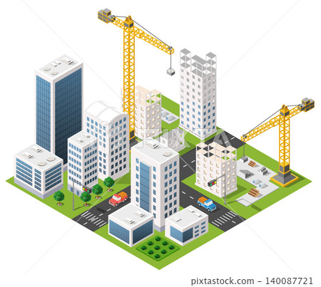 Construction cranes building modern skyscrapers in growing city center isometric view Construction cranes building modern skyscrapers in growing city center isometric view 140087721