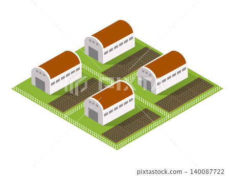 Farm buildings surrounding cultivated farming land plots 140087722