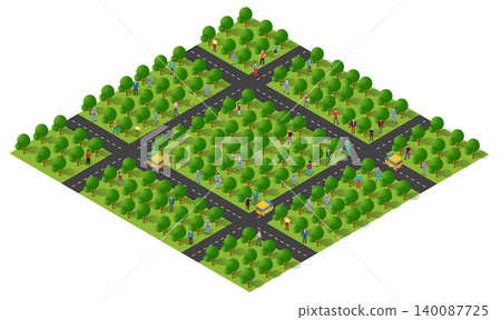 Citizens walking in green city park with cross roads isometric view 140087725