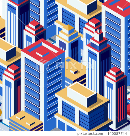 Modern isometric city buildings representing urbanization and development Modern isometric city buildings representing urbanization and development 140087744