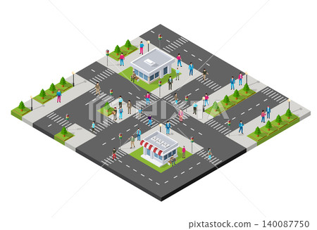 Busy isometric city crossroads with people walking and cars driving 140087750