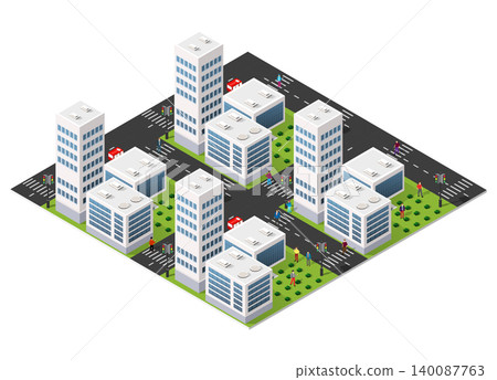 Modern isometric city with people walking on crosswalks 140087763