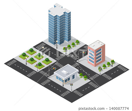 Isometric cityscape with skyscraper, buildings, roads, and green areas 140087774