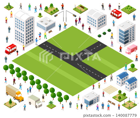 Citizens walking and driving in isometric city center with buildings and roads 140087779