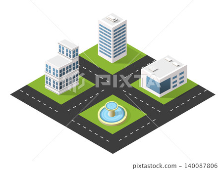 Modern city center with buildings, roads and fountain isometric illustration Modern city center with buildings, roads and fountain isometric illustration 140087806