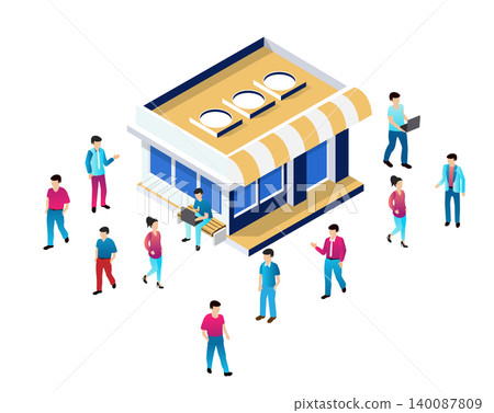 Customers walking around a shop building with striped awning in isometric view 140087809