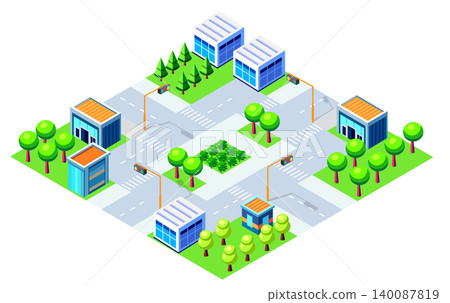 Modern city district with skyscrapers, roads, and green parks in isometric view Modern city district with skyscrapers, roads, and green parks in isometric view 140087819