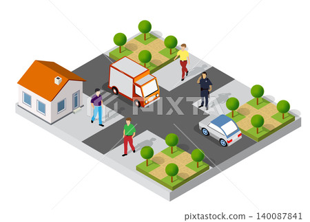 Cityscape with people walking near road, police officer standing near patrol car Cityscape with people walking near road, police officer standing near patrol car 140087841