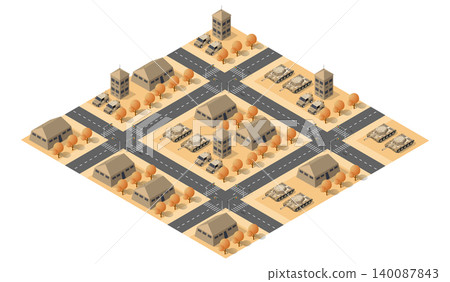 Military base isometric map showing tanks and buildings with roads and intersections Military base isometric map showing tanks and buildings with roads and intersections 140087843