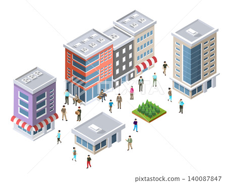 People walking and relaxing in a small isometric city center 140087847
